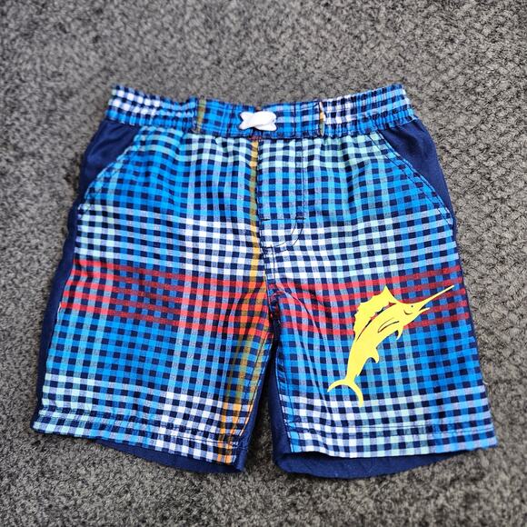 Kids Tommy Bahama Size 4T Swim Trunk Short Red White Blue Plaid Yellow Fish Logo - Picture 1 of 6
